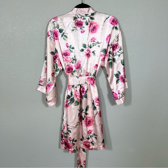 Thalia Sodi Women Pink Floral Satin Robe Kimono Tie Front Size S/M - Picture 3 of 6